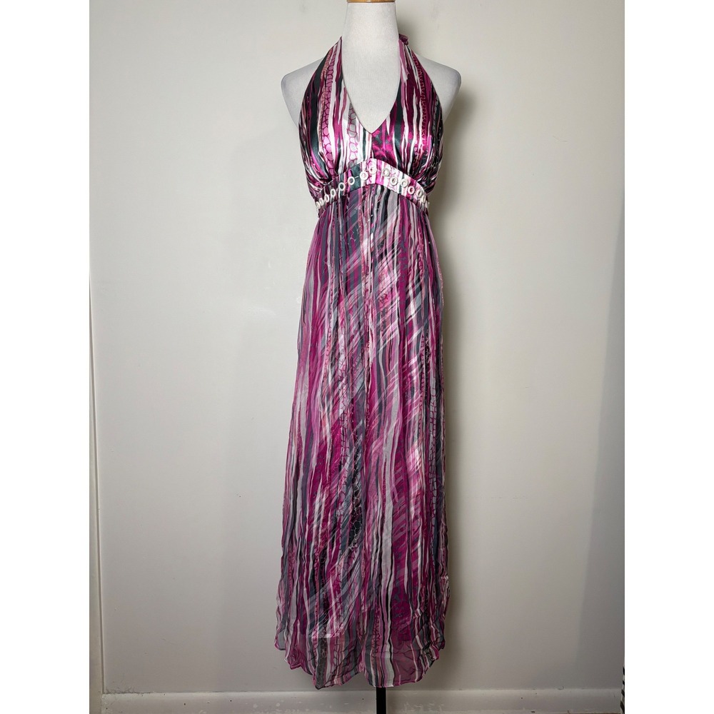 RB Collection VTG Y2K Silk Maxi Babydoll Halter Dress Womens 10 Boho Sheer Flowy